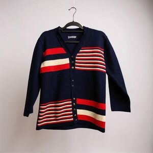 Vintage Patriotic Stripe Button Up Cardigan Navy Red White V Neck Long Sleeve